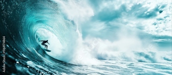 Obraz Silhouetted surfer riding massive turquoise wave barrel in dramatic ocean scene. Epic action capture shows extreme water sports, perfect wave conditions and raw natural power. 8k
