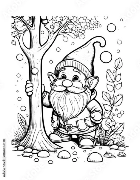 Fototapeta Whimsical gnome in a garden with tree and bubbles for creative adult coloring activity