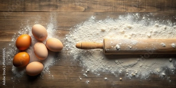 Fototapeta Whisking eggs with rolling pin covered in flour, utensil, creaming,  utensil, creaming, culinary, mixing, food prep