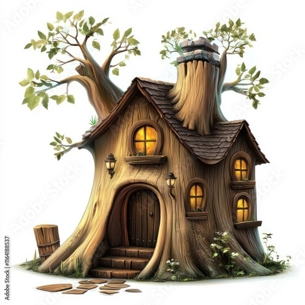 Fototapeta Tree stump house with windows and doors. vector style art 3d illustration Isolated on White Background 