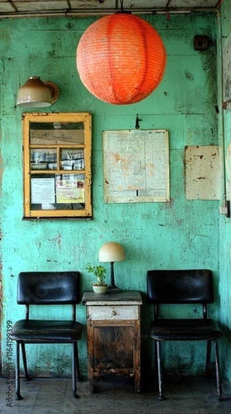 Fototapeta Vintage interior with teal walls, orange lantern, and rustic furniture creating a cozy vibe.
