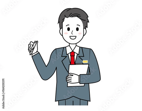 Fototapeta 接客をする男性販売員のイラスト　男性のビジネスマンの上半身イラスト