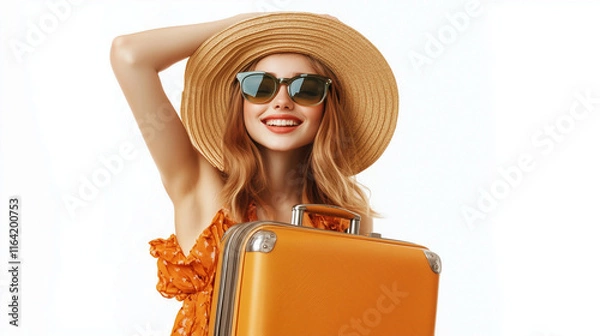 Fototapeta Mulher sorridente com chapéu de praia, óculos de sol e mala laranja