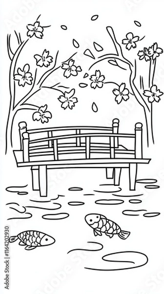 Obraz A serene garden coloring book page with a koi pond, a wooden bridge crossing over it, and blooming cherry blossom trees. Add reflections of the flowers in the water and intricate scales on the 