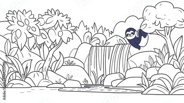 Fototapeta A vibrant rainforest coloring book illustration featuring a cascading waterfall, exotic birds perched on vines, and a sloth hanging from a tree. Add intricate textures on the foliage, patterns 