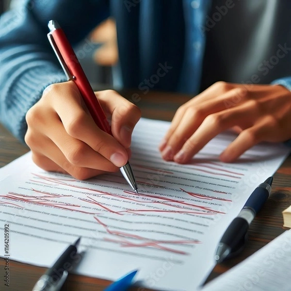 Obraz Student writing an essay A pen poised over paper with crossed ou