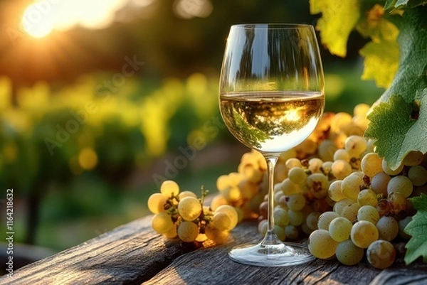 Fototapeta closeup of a pristine glass of white wine sitting on a rustic wooden table with sprawling green vineyards softly blurred in the background warm sunlight creating an inviting atmosphere for tasting