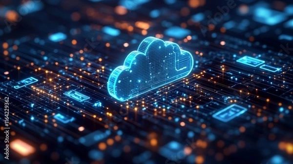 Fototapeta Futuristic glowing cloud computing symbol on digital circuit board.