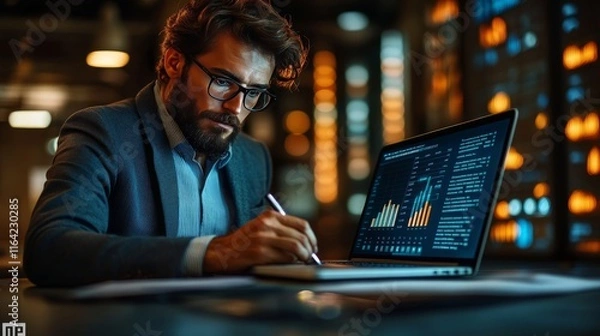 Obraz Focused businessman analyzing data on laptop at night, taking notes.