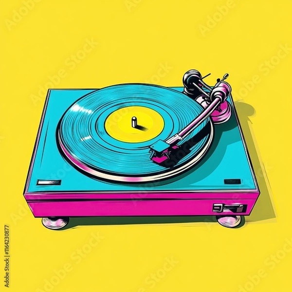 Fototapeta Vibrant pop art illustration of a retro turntable playing a teal vinyl record.  Perfect for music, nostalgia, and vintage design projects.