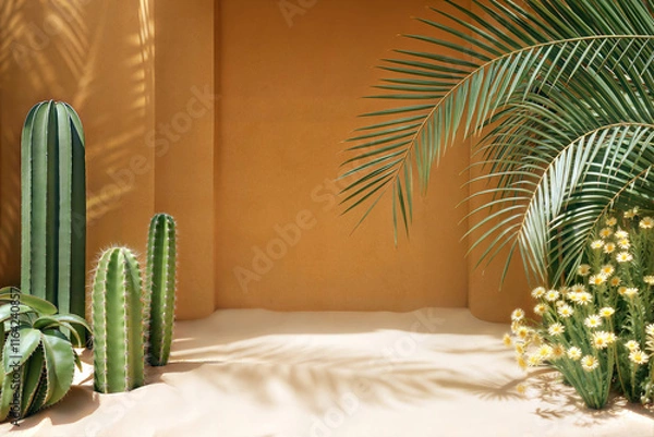 Obraz Beige plaster wall background with sand floor. Greenery cactuses around. Exotic atmosphere. Display room for placing product or model.