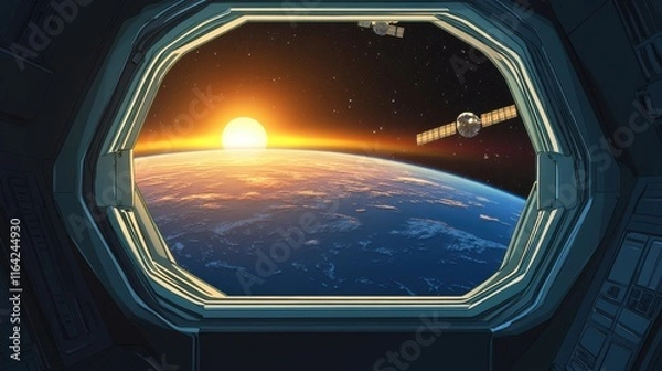 Obraz A stunning view of Earth from a spacecraft, capturing the sunrise over the planet's horizon.