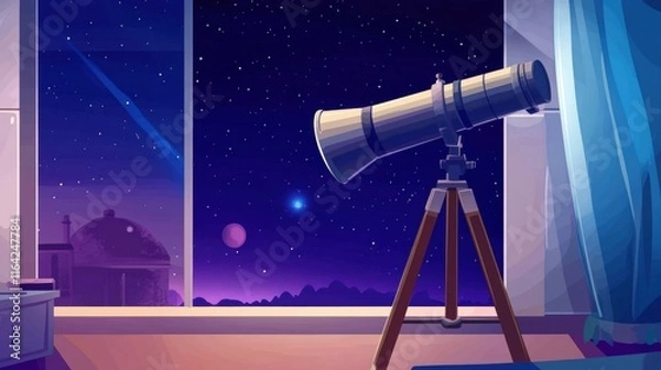 Fototapeta A telescope overlooking a starry night, featuring vibrant colors and celestial bodies visible in the sky.