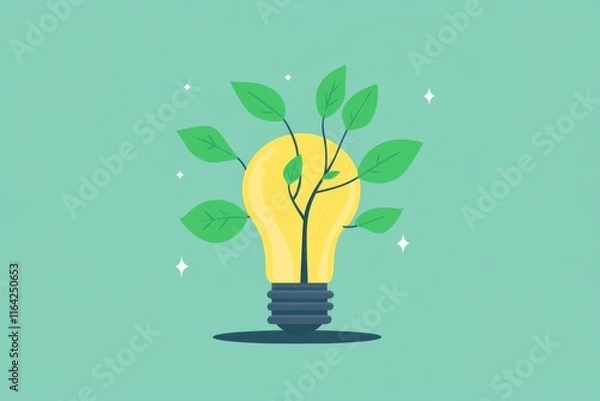 Obraz A vibrant illustration of a light bulb blooming with fresh green leaves, symbolizing growth and innovation.