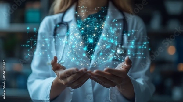 Fototapeta Doctor holding a digital global network representing healthcare connectivity and technology.