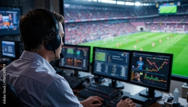 Fototapeta Sports analyst in a broadcasting booth reviewing live football match statistics