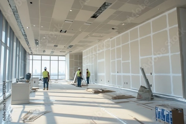 Obraz Construction workers engage in drywall installation in a modern office space with large windows and ample natural light
