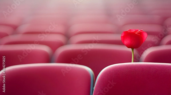 Fototapeta A single red rose stands out amidst rows of empty red chairs. This image can be used for themes of uniqueness or individuality in presentations or blogs. Selective focus