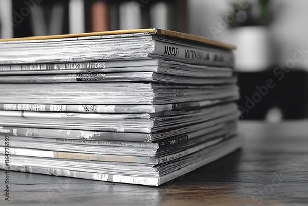 Fototapeta A tall stack of vintage magazines rests on a wooden table, creating a sense of nostalgia and knowledge.