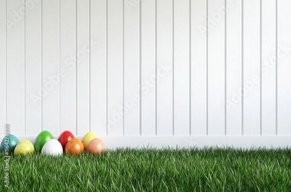 Obraz Colorful Easter eggs arranged on green grass in front of a white wooden wall, creating a cheerful and festive spring atmosphere for seasonal celebrations and decor