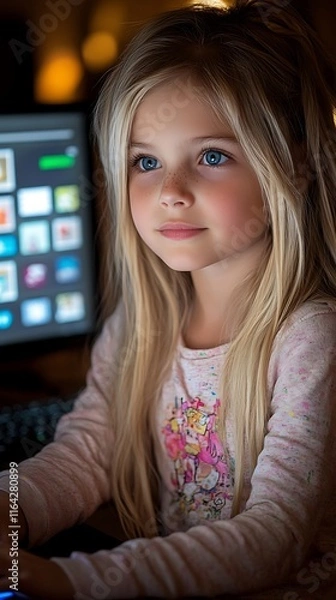 Fototapeta Little Girl's Curiosity: A captivating portrait of a young girl, with her long blonde hair cascading down her back, sits engrossed in a computer screen.