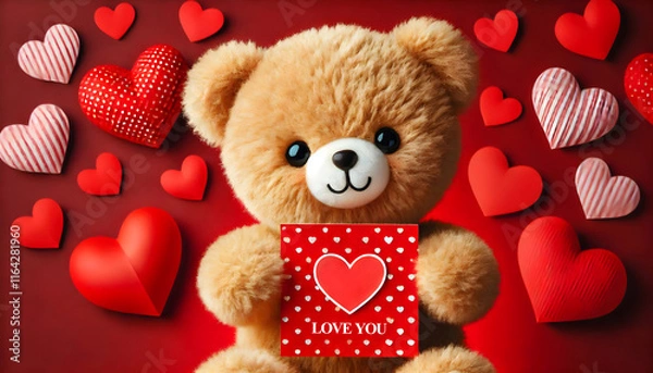 Obraz teddy bear holding a love valentine greeting card, with hearts on a red background