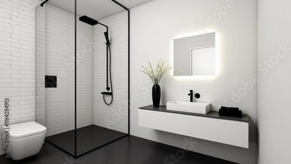 Fototapeta A monochrome bathroom with sleek lines, frameless features, and minimalist decor. Black and white tones create a modern, clean, and highly functional space for contemporary living.