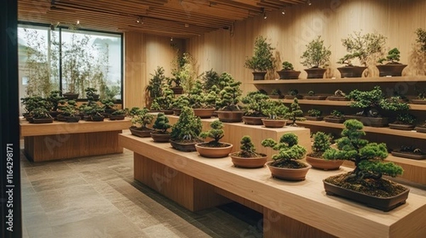 Fototapeta Modern interior with numerous bonsai trees displayed on wooden shelves and tables.