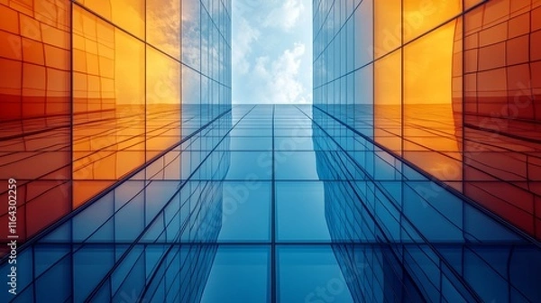 Fototapeta Low angle view of modern glass skyscraper reflecting warm and cool tones of sunset.
