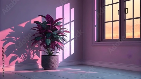 Fototapeta A vibrant, 3D-rendered interior scene featuring a stylized, magenta-colored room with a potted, deep purple and green foliage plant, casting vibrant shadows. Gradient purple studio room background