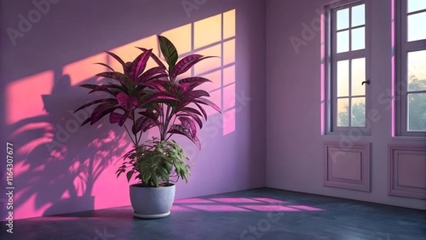 Fototapeta A vibrant, 3D-rendered interior scene featuring a stylized, magenta-colored room with a potted, deep purple and green foliage plant, casting vibrant shadows. Gradient purple studio room background