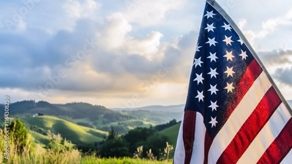 Fototapeta of the American flag, integrated with an image of a shadowy landscape, emphasizing a melancholic mood. | [Flag of the United States of America]:[Darkness, Depression] 