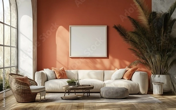 Fototapeta Sunlit living room with beige sofa, terracotta wall, and large window.