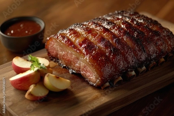 Fototapeta Succulent glazed pork ribs with apple slices and barbecue sauce, showcasing rich colors and tempting presentation.