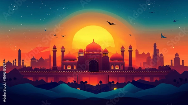 Fototapeta Illustration of India Republic Day featuring a blend of historical monuments like the Red Fort and modern architectural landmarks, futuristic design with tricolor themes, glowing lights,