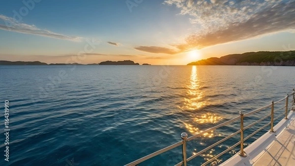 Obraz A calm scene unfolds as the bright, golden sun rises above the peaceful blue waters, spreading a gentle light across the horizon and signaling the start of a beautiful day