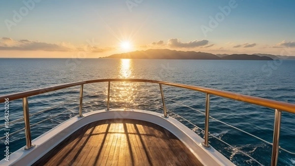 Obraz A peaceful scene unfolds as the warm, golden sun rises over calm azure waters, casting a serene glow across the horizon and marking the start of a beautiful day.