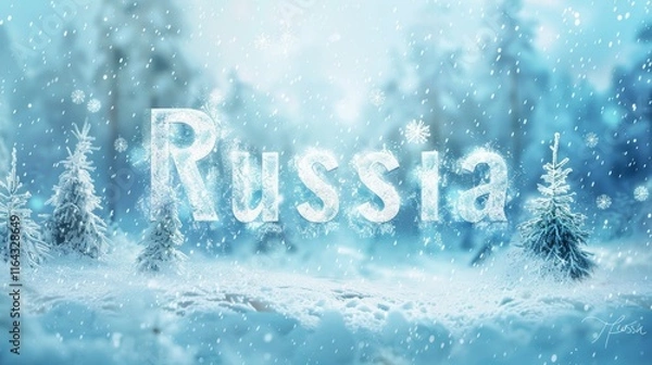 Fototapeta A snowy landscape with trees and the word Russia written in the snow. Concept of winter wonderland and the beauty of nature