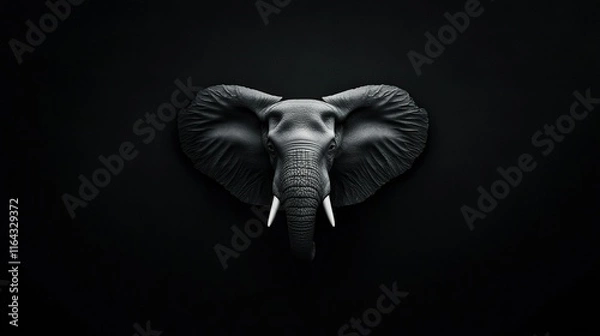Fototapeta   An image of an elephant's head in black and white with tusks protruding from its ears