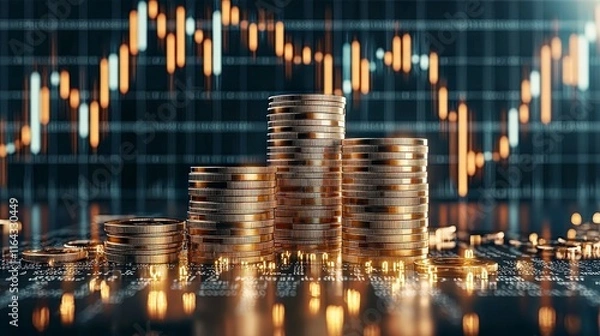 Fototapeta Close-up of gold coins stacked on a financial chart background, representing wealth, investment, and economic growth.