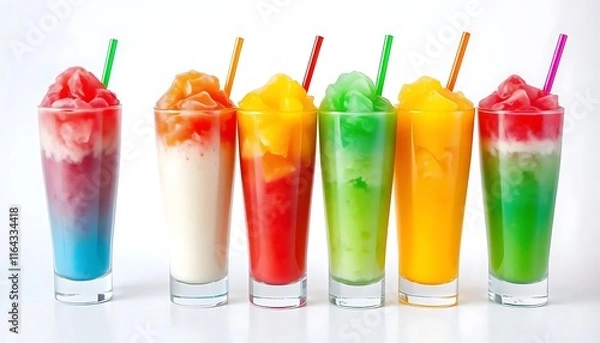 Fototapeta cups with rainbow colored slush ice drinks, row on white background