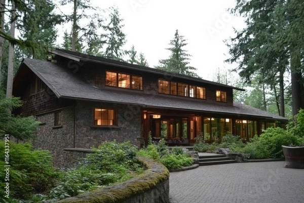 Fototapeta Beautiful stone house nestled among tall trees in a serene forest setting during twilight hours