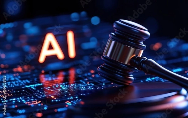 Fototapeta A gavel sits on a circuit board background with an illuminated "AI," symbolizing the intersection of technology and law.