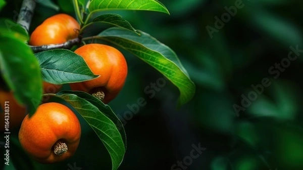 Fototapeta   A close-up of oranges on a tree branch surrounded by green leaves and a blurry background