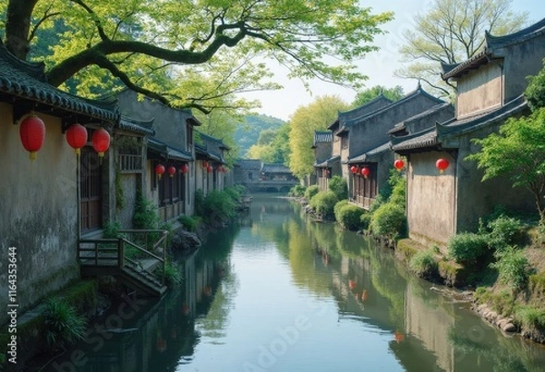 Fototapeta Canal with red lanterns in a village setting