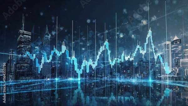 Fototapeta forex big data candlestick charts on blurred city background. Trading, technology, investment and analysis concept.