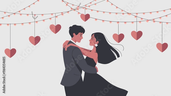 Fototapeta A flat vector illustration of a couple dancing together under a canopy of heart-shaped fairy lights in a romantic setting,