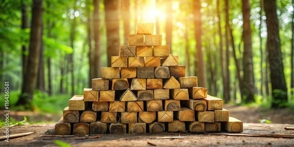 Fototapeta A neatly stacked pyramid of wood blocks in a sun-dappled forest setting.