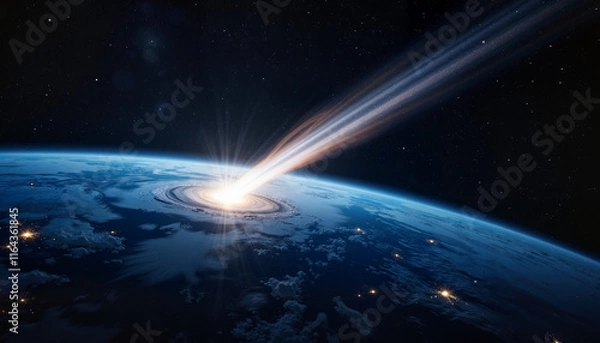 Fototapeta Comet passing near Earth with glowing tail in starry space, exploration