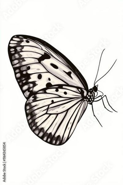 Fototapeta Close-up of a black and white butterfly perched on a white background, simplicity and elegance
